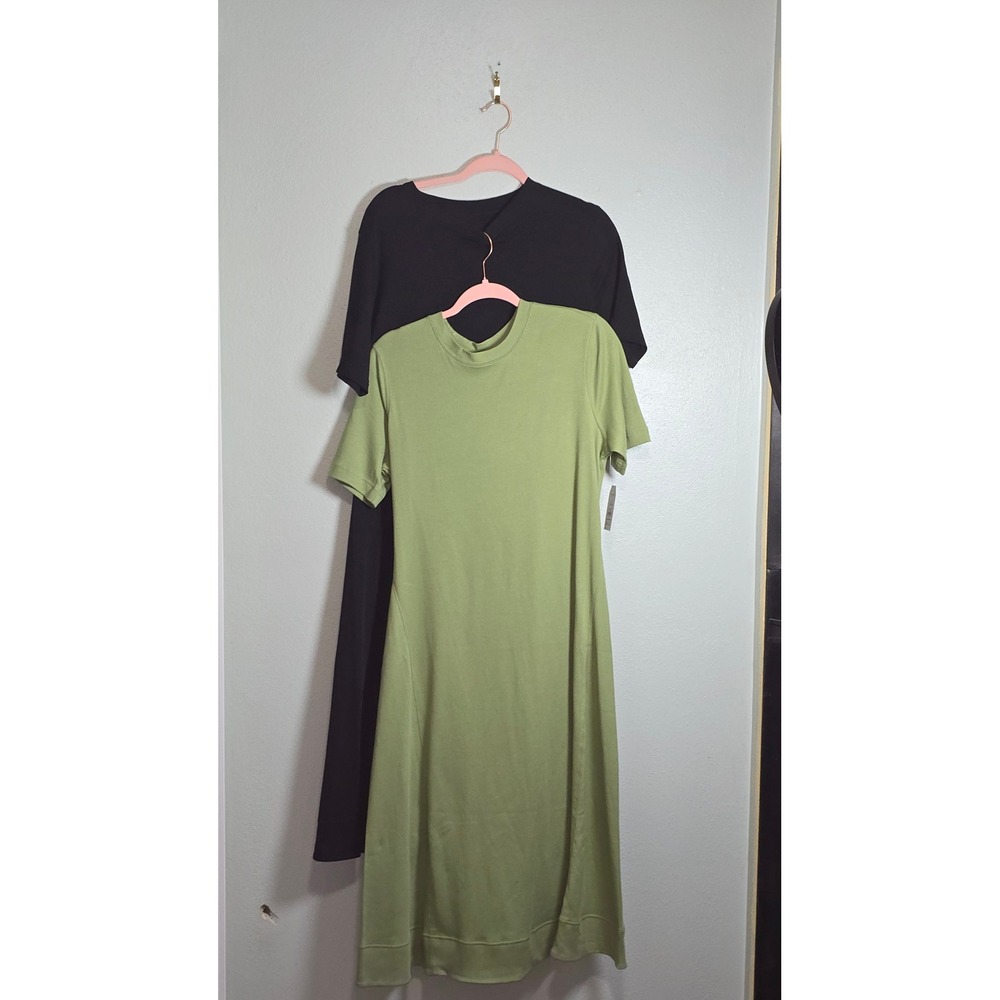 Time and Tru Women A-Line Midi Dress 2-Pack Olive Green Black Short Sleeve Large